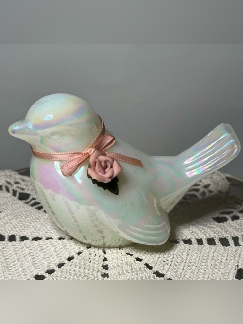 Fenton Iridescent Bird Figure, Vintage Luster Ware Bird with Rose ribbon